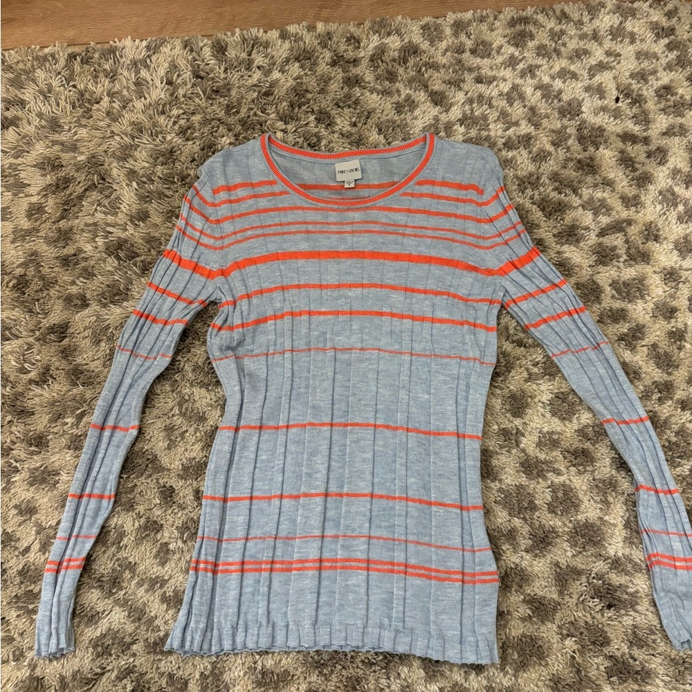 Gray and Red Striped Long Sleeve Sweater